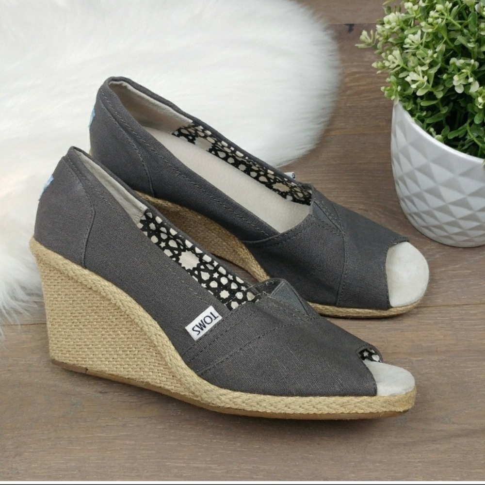 Toms Gray Canvas Wedge Espadrilles size 10